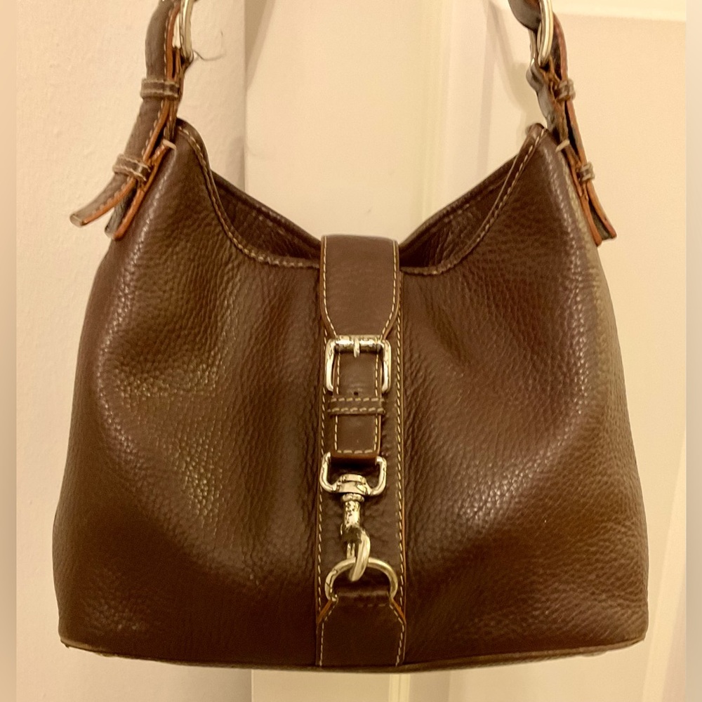 Michael Kors Leather Shoulder Bag with Buckle Brown with Silver Hardware